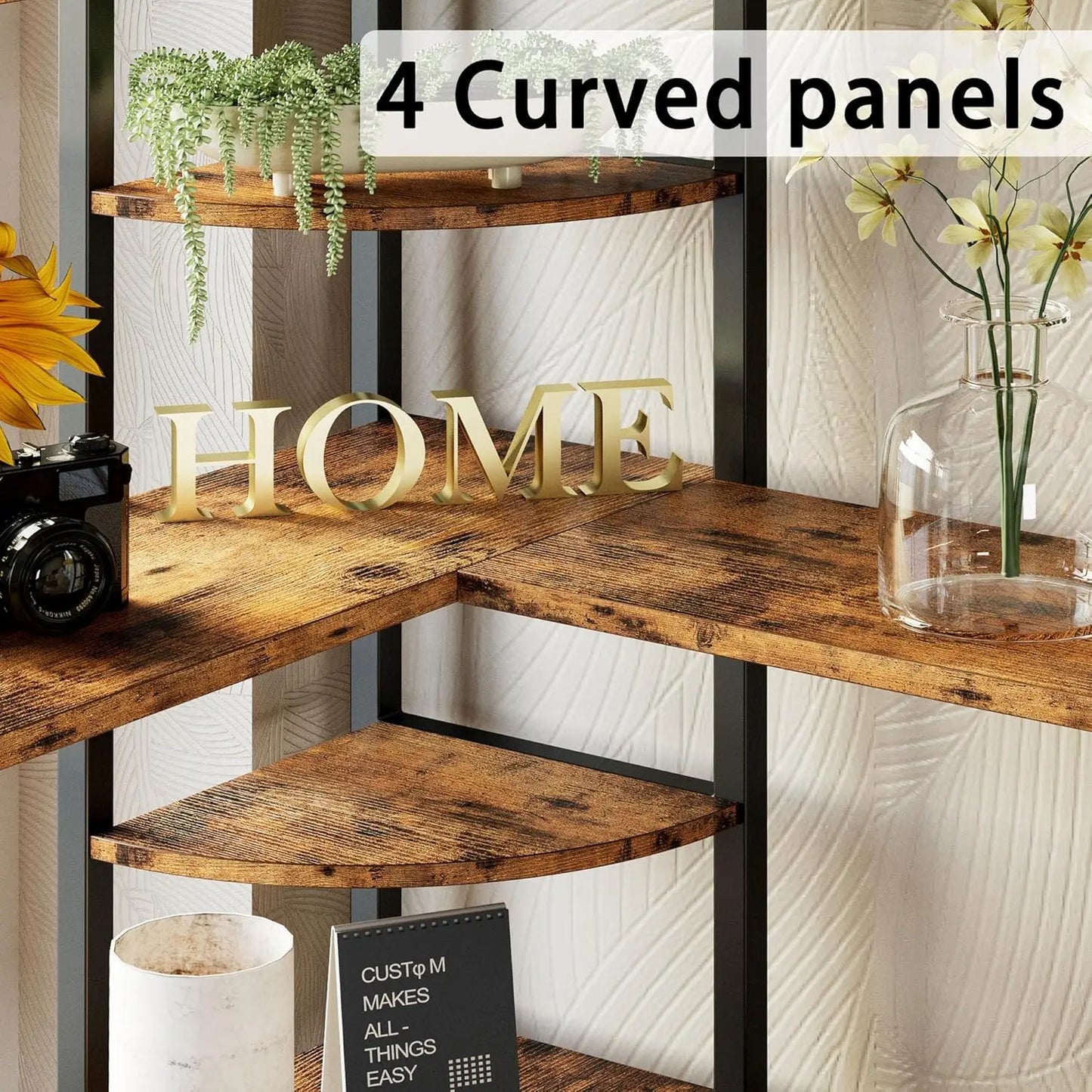 IRONCK Industrial 5-Tier Corner L-Shaped Bookcase With Curved Panels