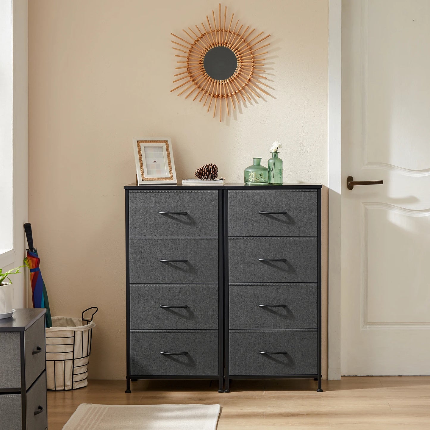 JHK Modern Bedroom Dresser With Four Fabric Drawers Nightstand