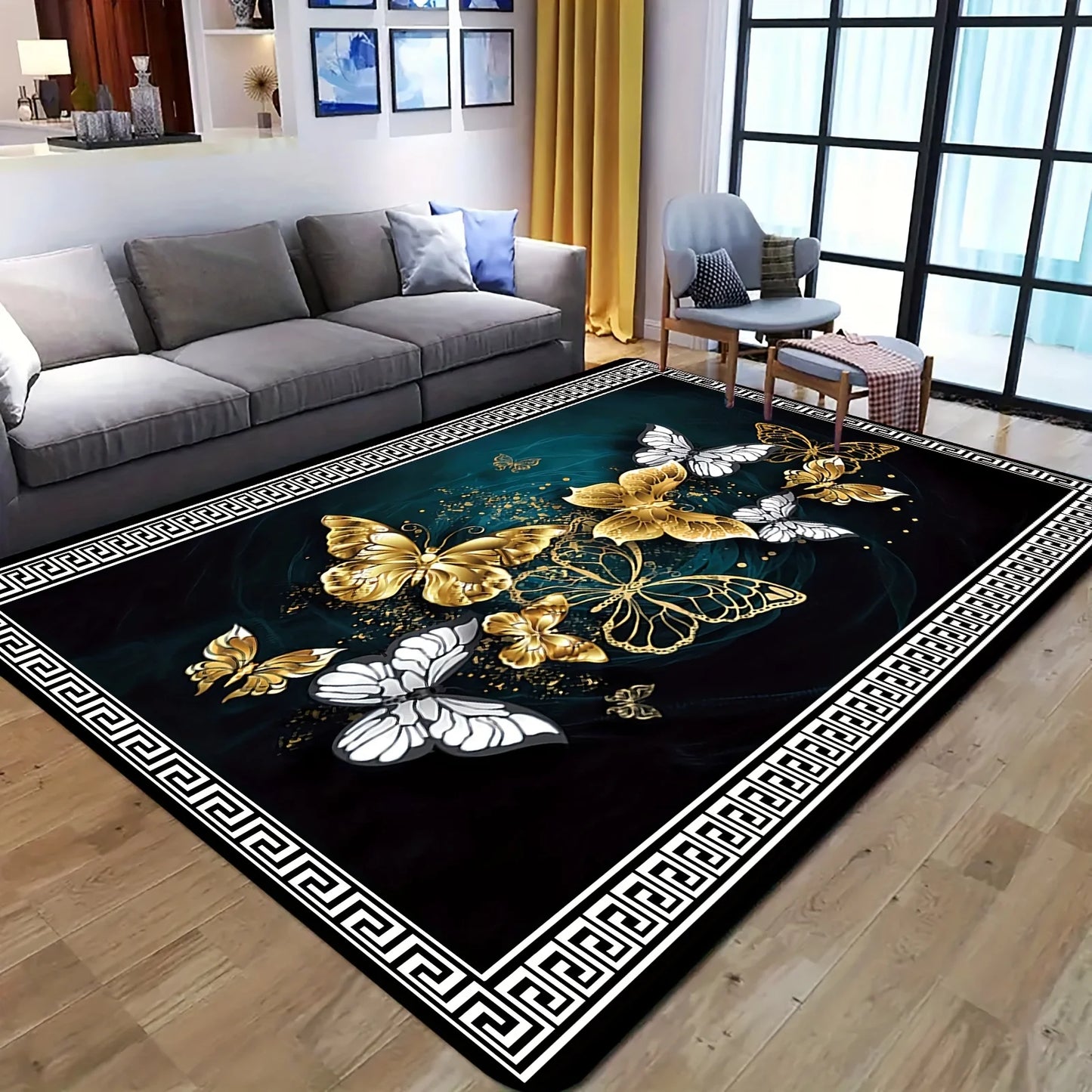 Golden And White Butterfly Pattern Printed Flannel Rug Non Slip Soft Carpet For Living Room Bedroom Elegant Decor Artistic