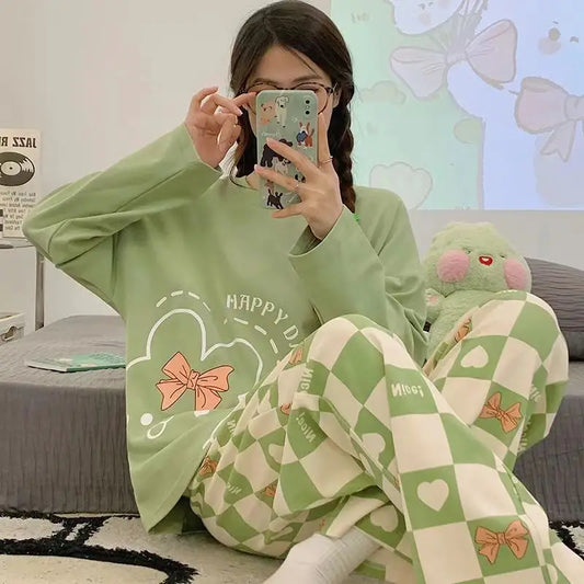 Women's Cartoon Print Pajama Set For Spring And Autumn