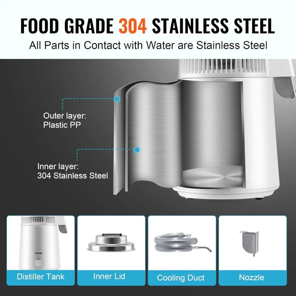 750W Water Distiller, 1.1 Gal Countertop Machine with Auto-Shutdown, BPA-Free Container for Pure Home Use