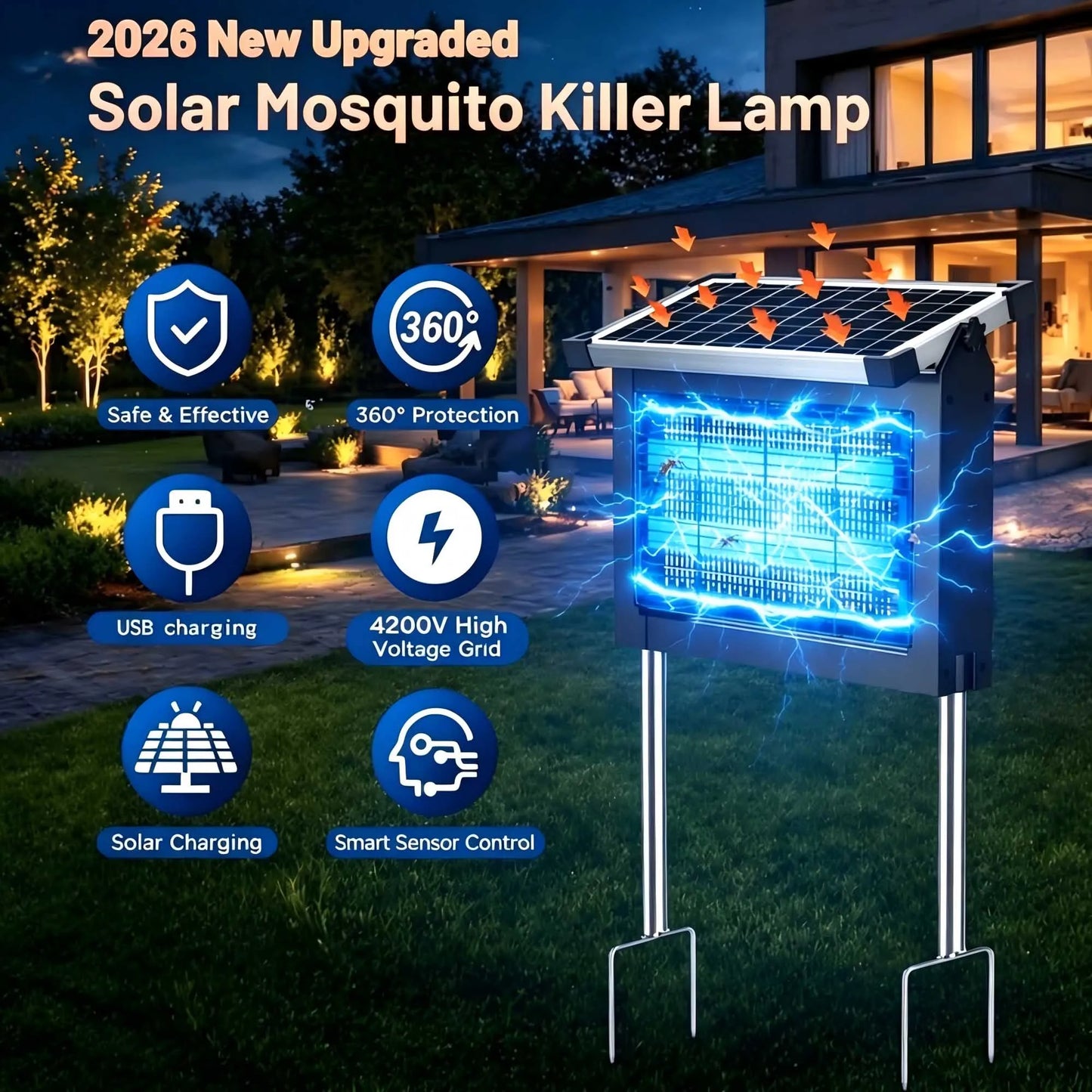 Outdoor Solar Bug Zapper 4500V With Panel Sensor Waterproof