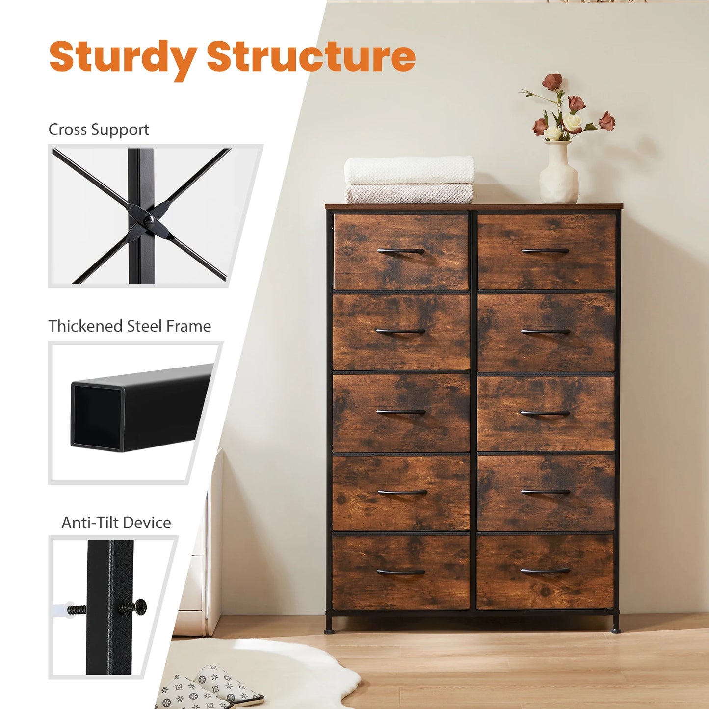 JHK Bedside Table With Fabric Drawers And Steel Frame Wardrobe