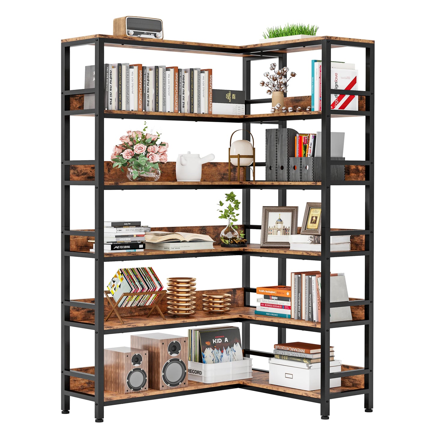 IRONCK Industrial 6 Tier Corner Bookcase With Metal Frame Living Room