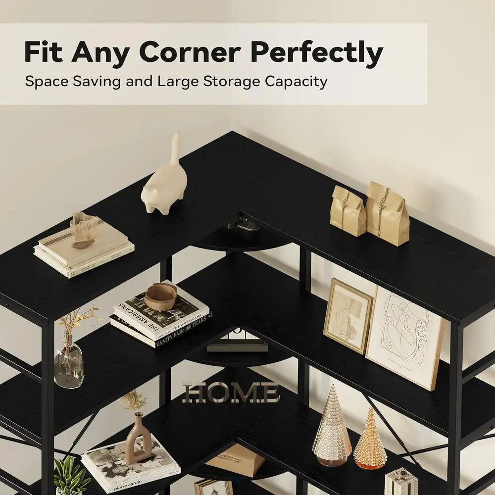 IRONCK Industrial 5-Tier Corner L-Shaped Bookcase With Curved Panels