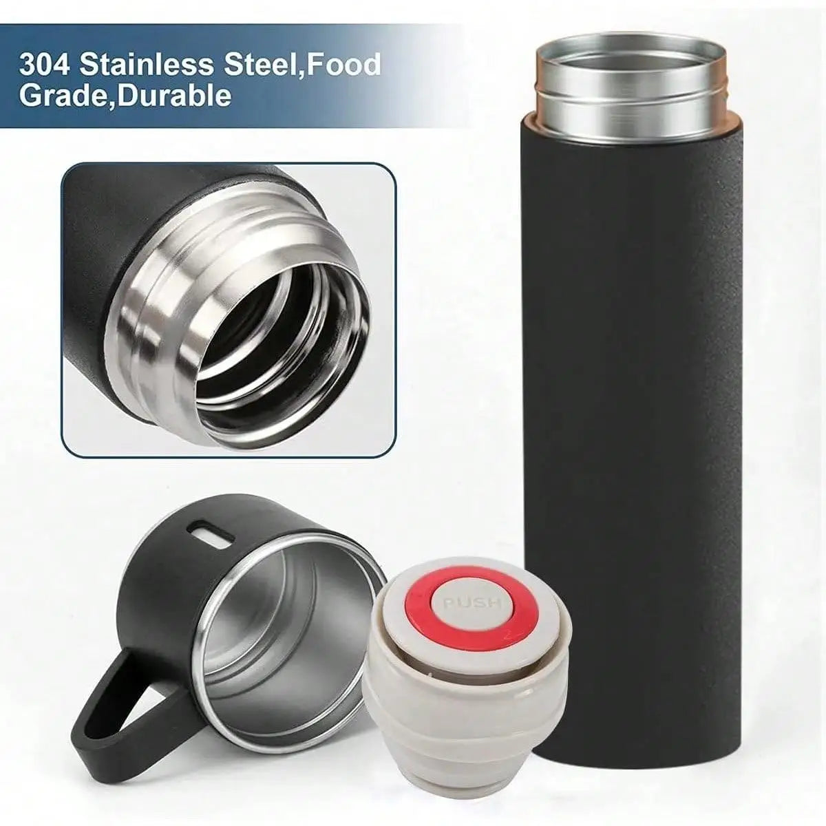 Vacuum-Insulated Stainless Steel Coffee Thermo Flask - 500ml Portable Silicone-Lidded Water Bottle with Cup, for Hot/Cold Drinks, Blue, 3-Cup Design, Bottled Beverage Travel Companion