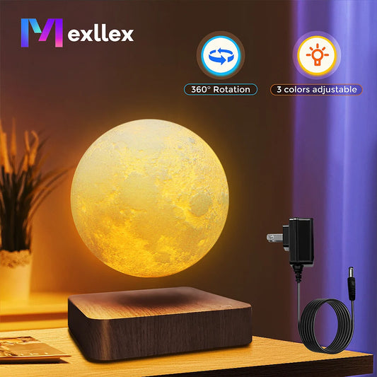Mexllex Magnetic Floating Moon Lamp With Wooden Base And 3 Color Led Night Light