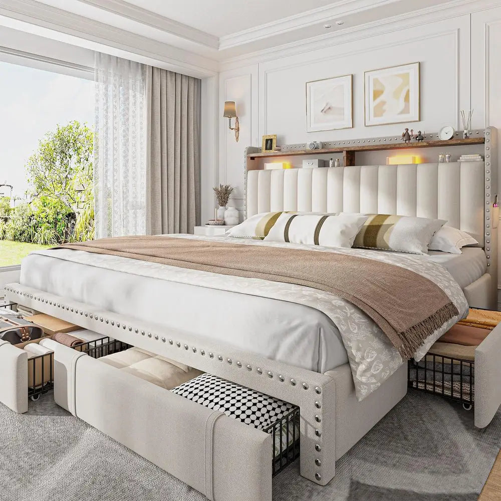 King Size Bed Frame with 4 Storage Drawers, 2Tier Vertical Tufted Storage Headboard, Platform King Bed Frame with Wooden Slats