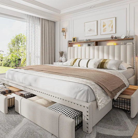King Size Bed Frame with 4 Storage Drawers, 2Tier Vertical Tufted Storage Headboard, Platform King Bed Frame with Wooden Slats