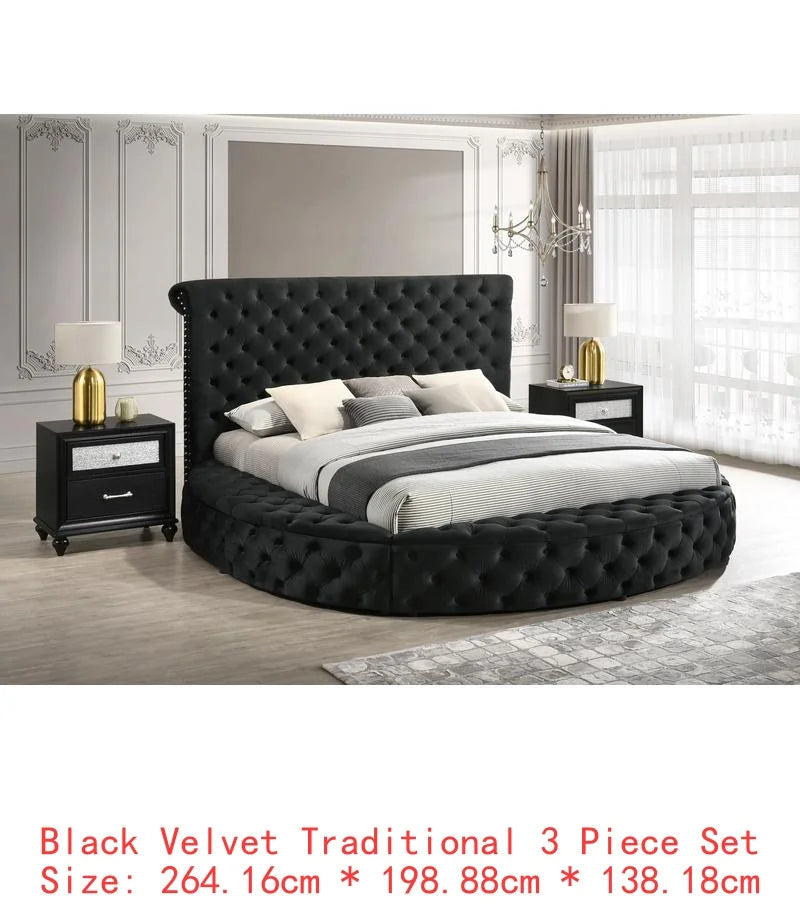 Queen Size Ivory Velvet Button-Tufted Storage Bed Set with 2 Nightstands - Wooden Bedroom Furniture 3pc Set