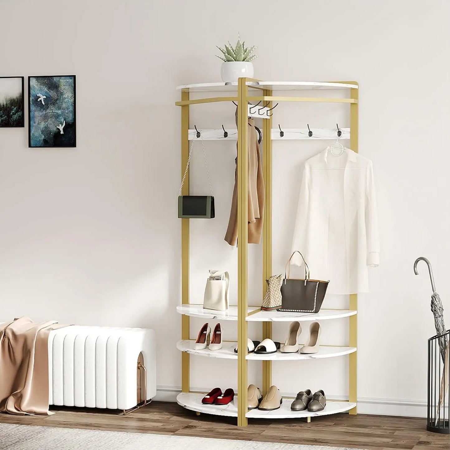 HiMISS Corner Coat Rack Featuring 6 Hooks And 3 Shelves