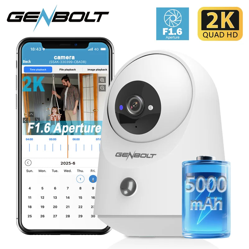 Genbolt 5000mAh Battery 2K Indoor Pan Tilt Security Camera PIR WiFi