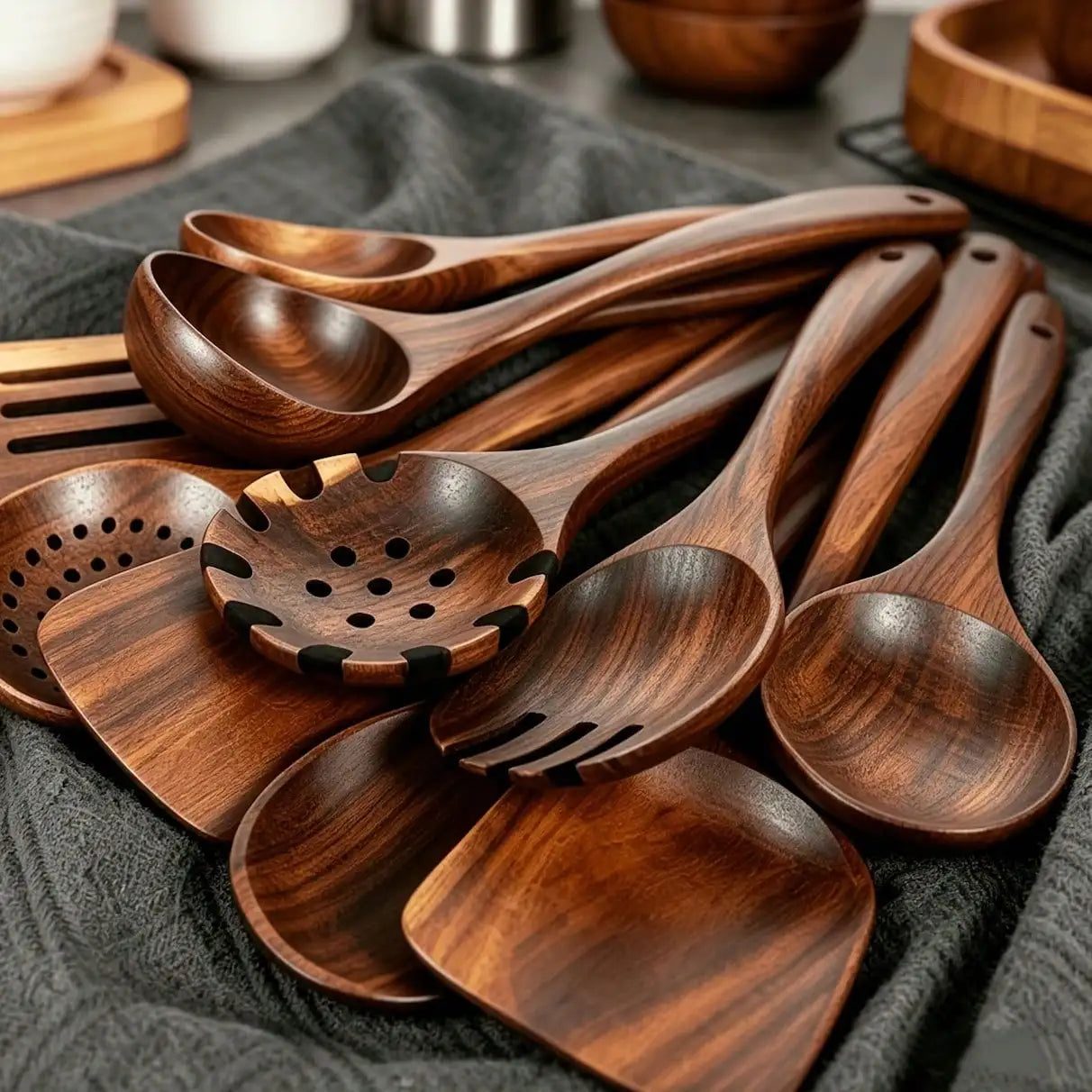 Wooden Kitchen Utensils Set Rustic Farmhouse Dark Natural Teak Wood Spatula 10 Piece Set Non Stick Cooking Spoons Heat Resistant Utensils Set For Kitchen Cooking Baking Serving Nonstick Cookware Housewarming Gift
