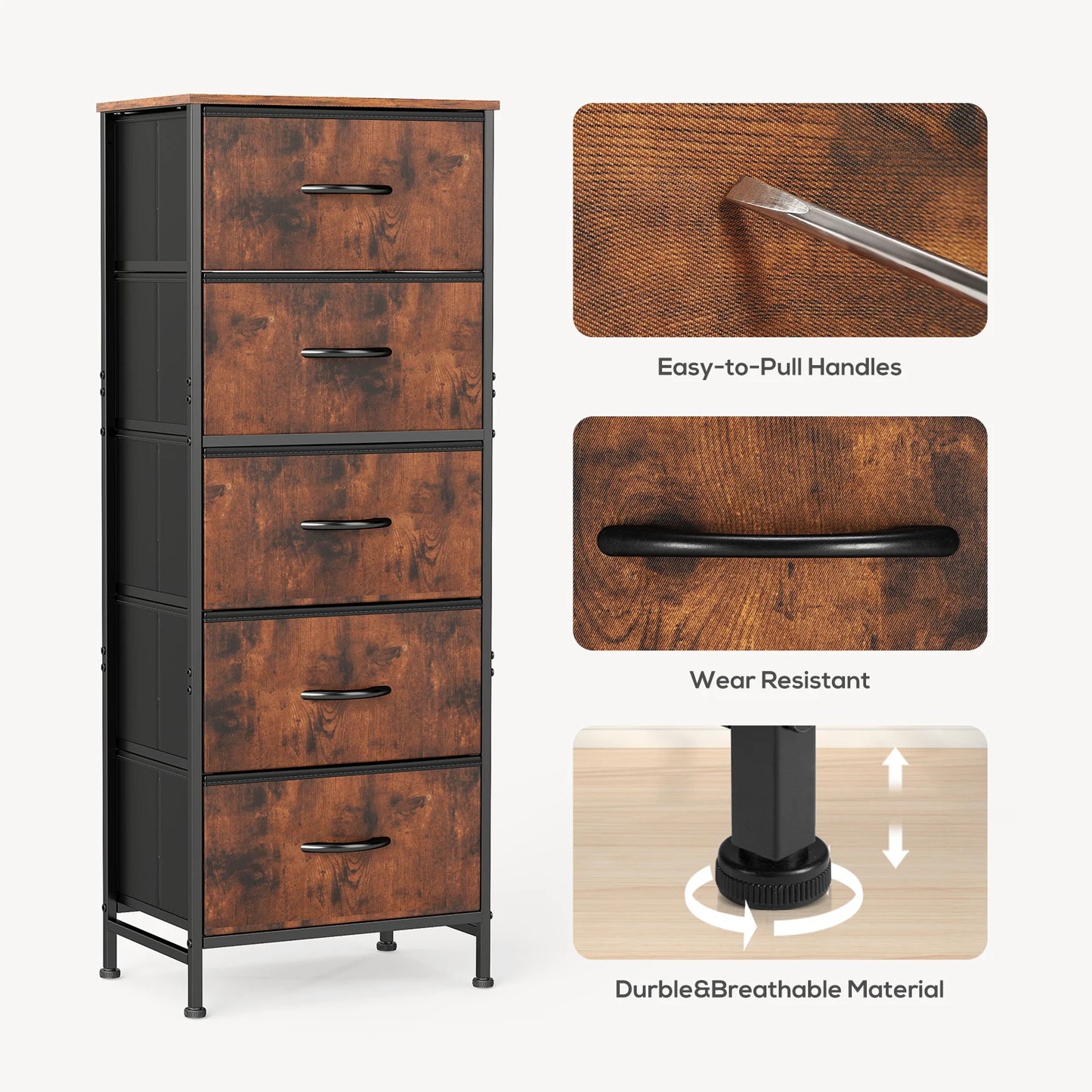JHK Dresser With Five Fabric Drawers And Steel Frame