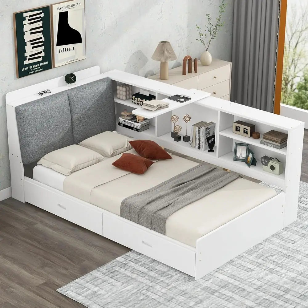 Daybed With Storage Drawers And Bookcase Wood Bed Frame