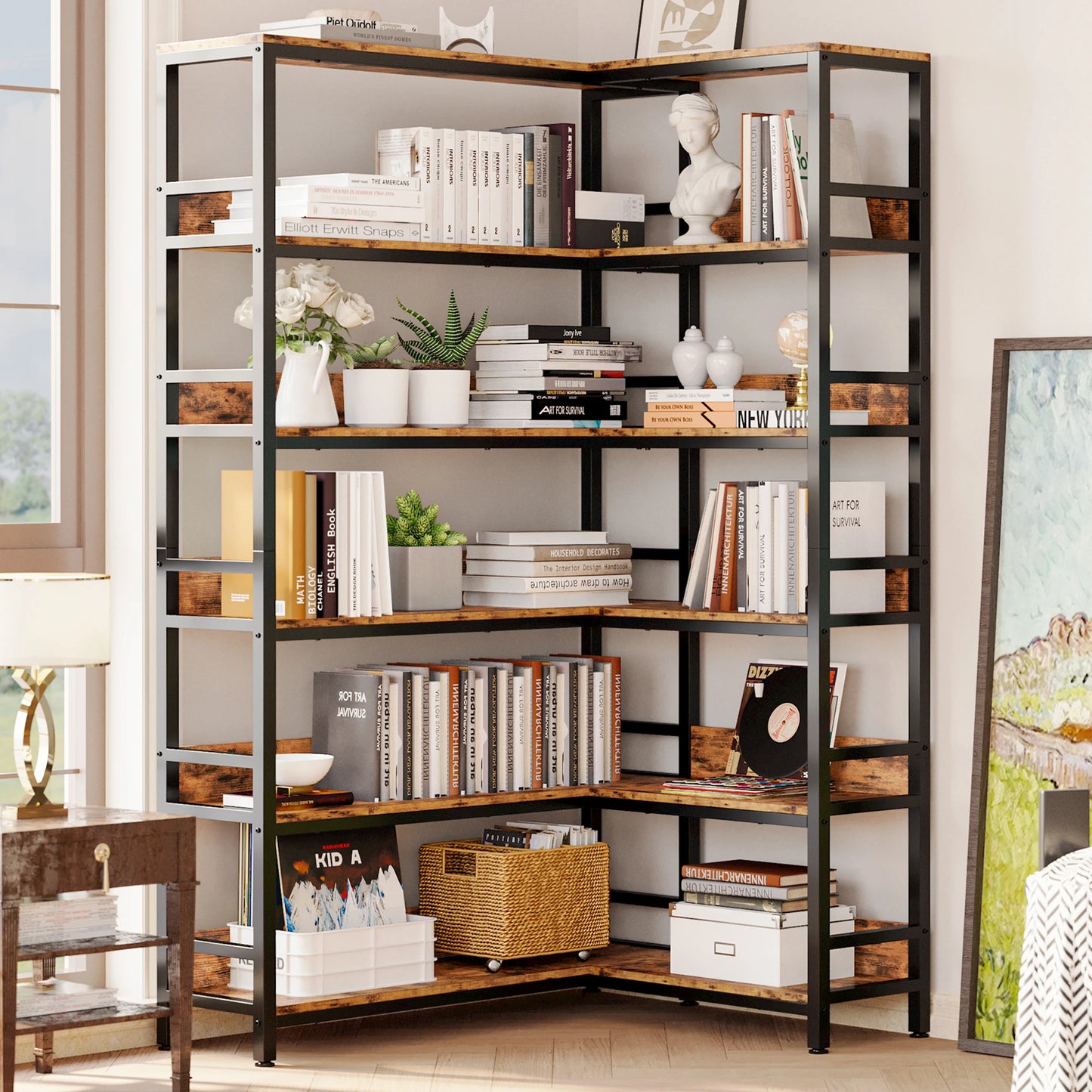 IRONCK Industrial 6 Tier Corner Bookcase With Metal Frame Living Room