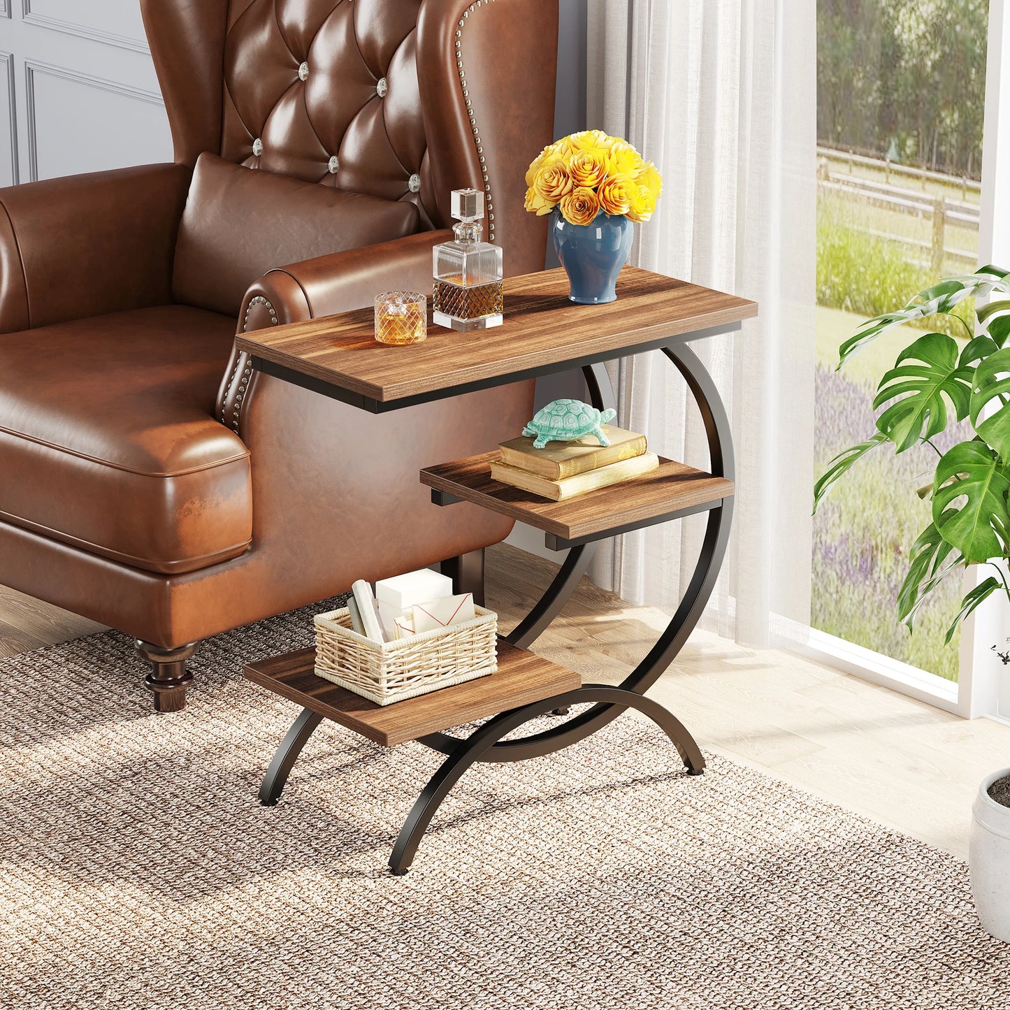 Tribesigns C Shaped End Table With Industrial Style Shelves