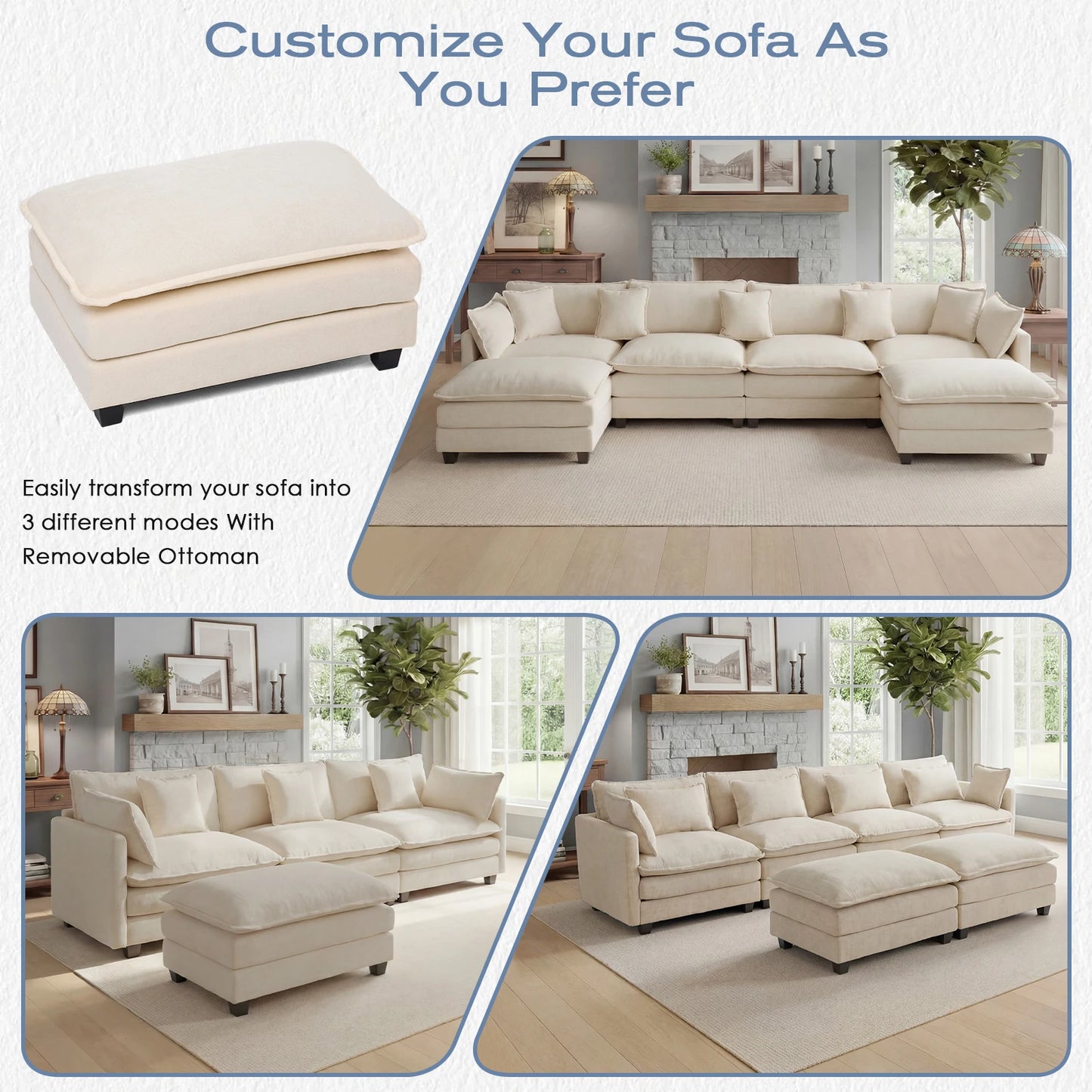 Redlife Modular Sectional Sofa With Ottoman Solid Wood Frame