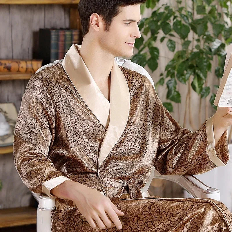 Men Bath Robe Satin Print Geometric Kimono Silk Dressing Gown