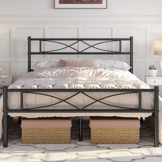 Metal Platform Bed Frame With Curved Headboard And Footboard