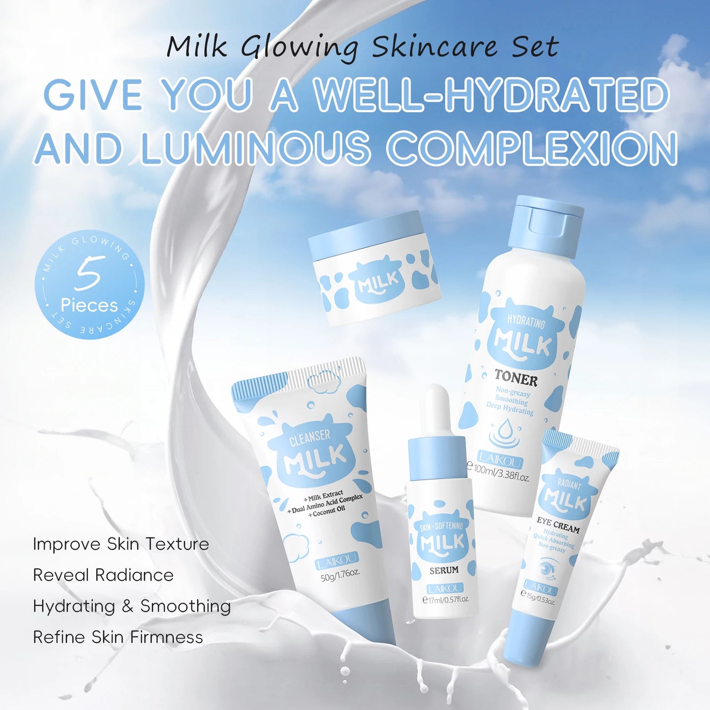 LAIKOU Milk Glowing Skincare Set Hydrating Brightening Anti-Age