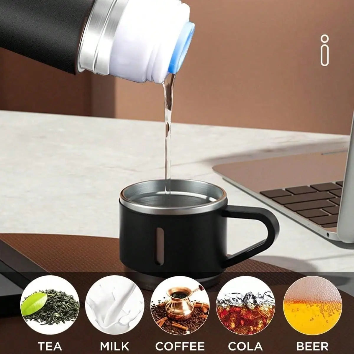Vacuum-Insulated Stainless Steel Coffee Thermo Flask - 500ml Portable Silicone-Lidded Water Bottle with Cup, for Hot/Cold Drinks, Blue, 3-Cup Design, Bottled Beverage Travel Companion