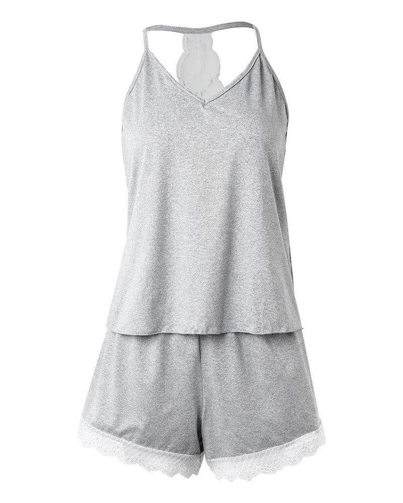 Crochet Lace Women's Two Piece Pajama Set Sleeveless V Neck