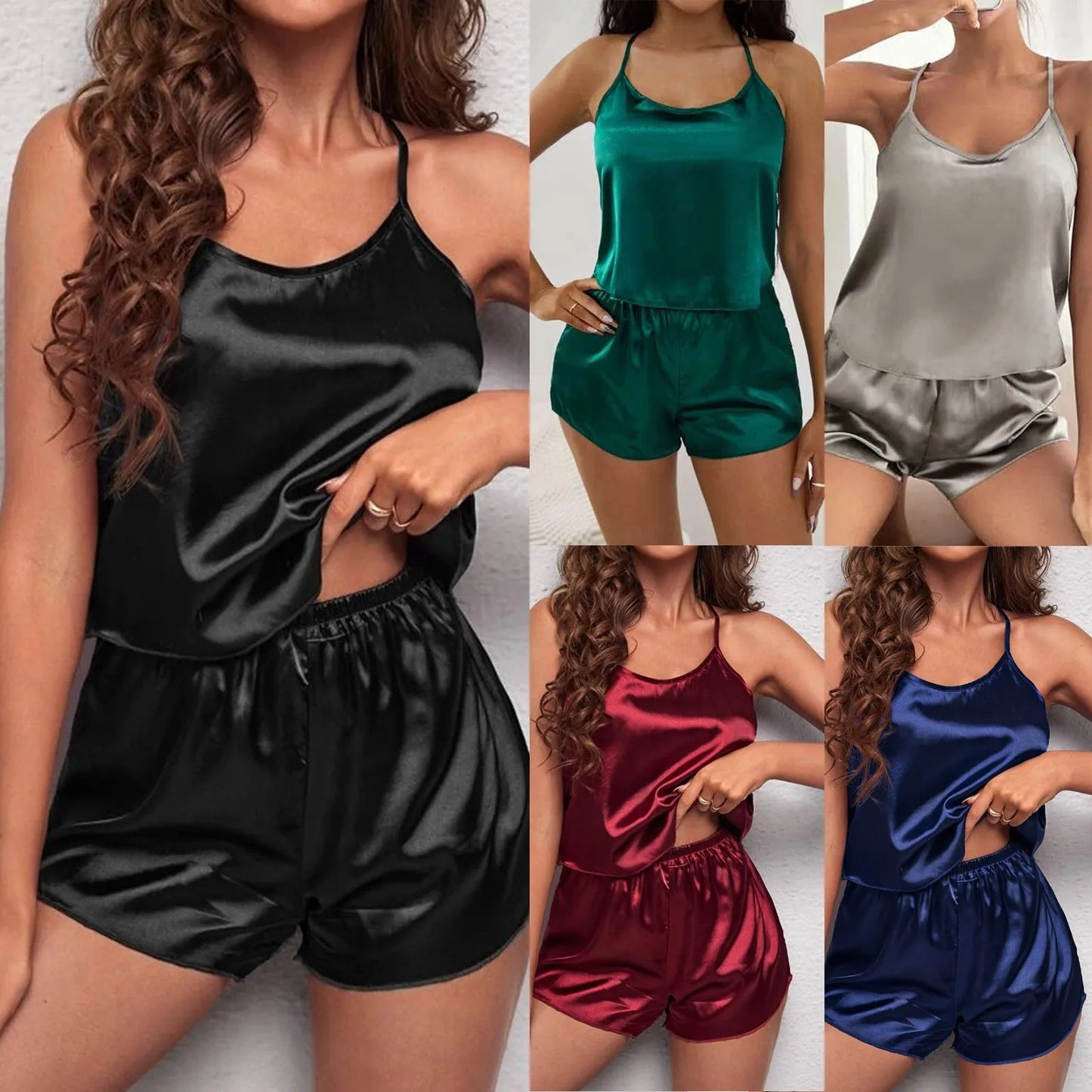 Women's Satin Lace Pajama Set Sleeveless Top and Shorts