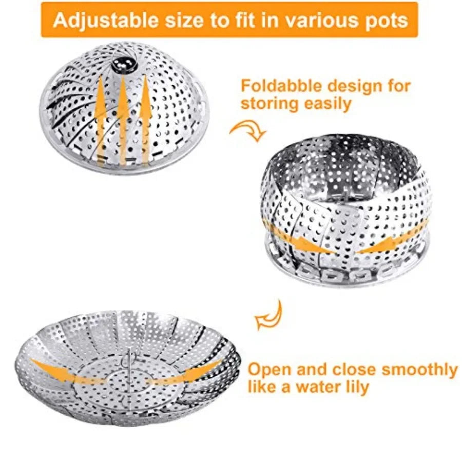 Veggie Vegetable Steamer Basket, Folding Steaming Basket, Metal Collapsible Stainless Steel Steamer Basket Insert, for Cooking