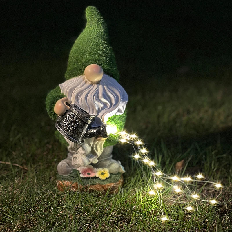 Solar Garden Gnome Watering Can Statue Light Outdoor Decor