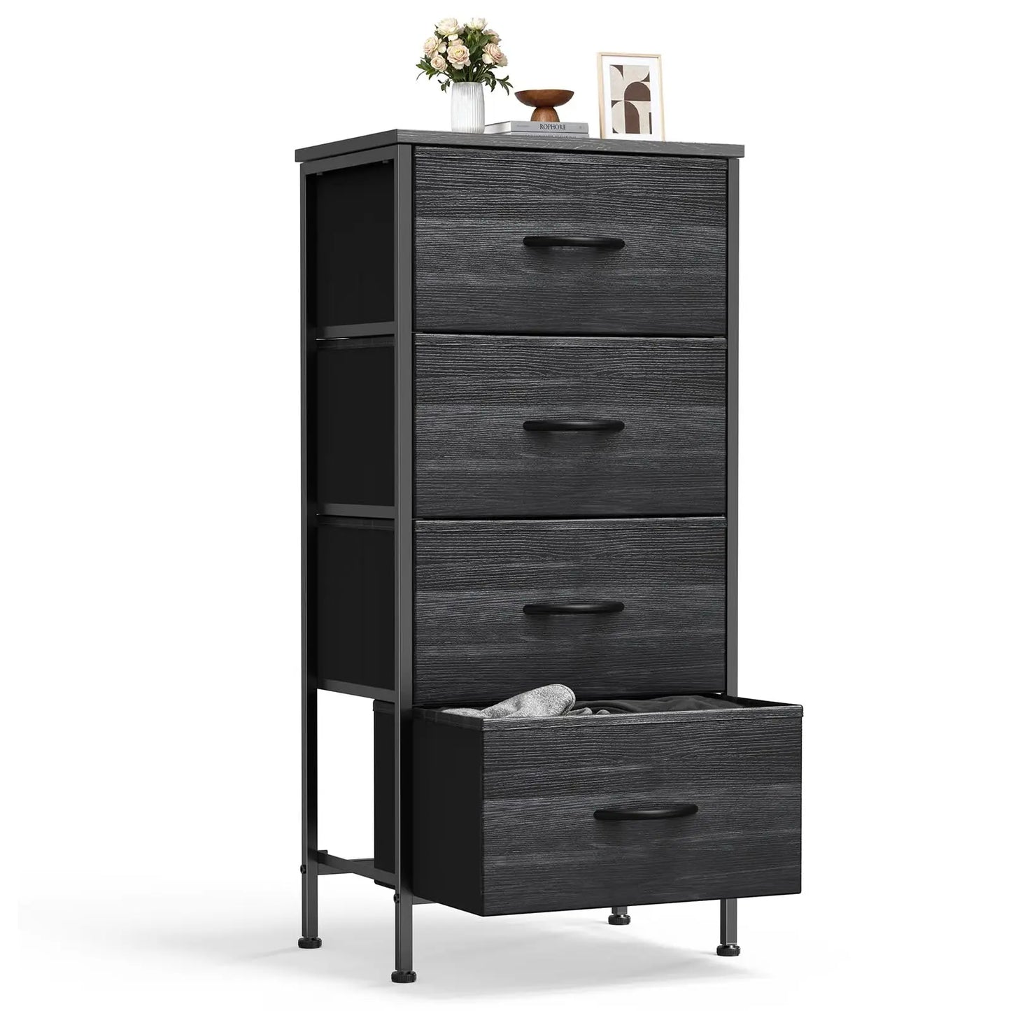XIUWO Nightstand With 4 Fabric Drawers Modern Wood Top Cabinet