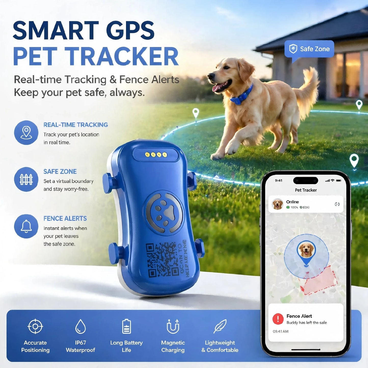 WANWAYTECH GPS Pet Tracker 4G Real-Time Tracking IP67 Waterproof