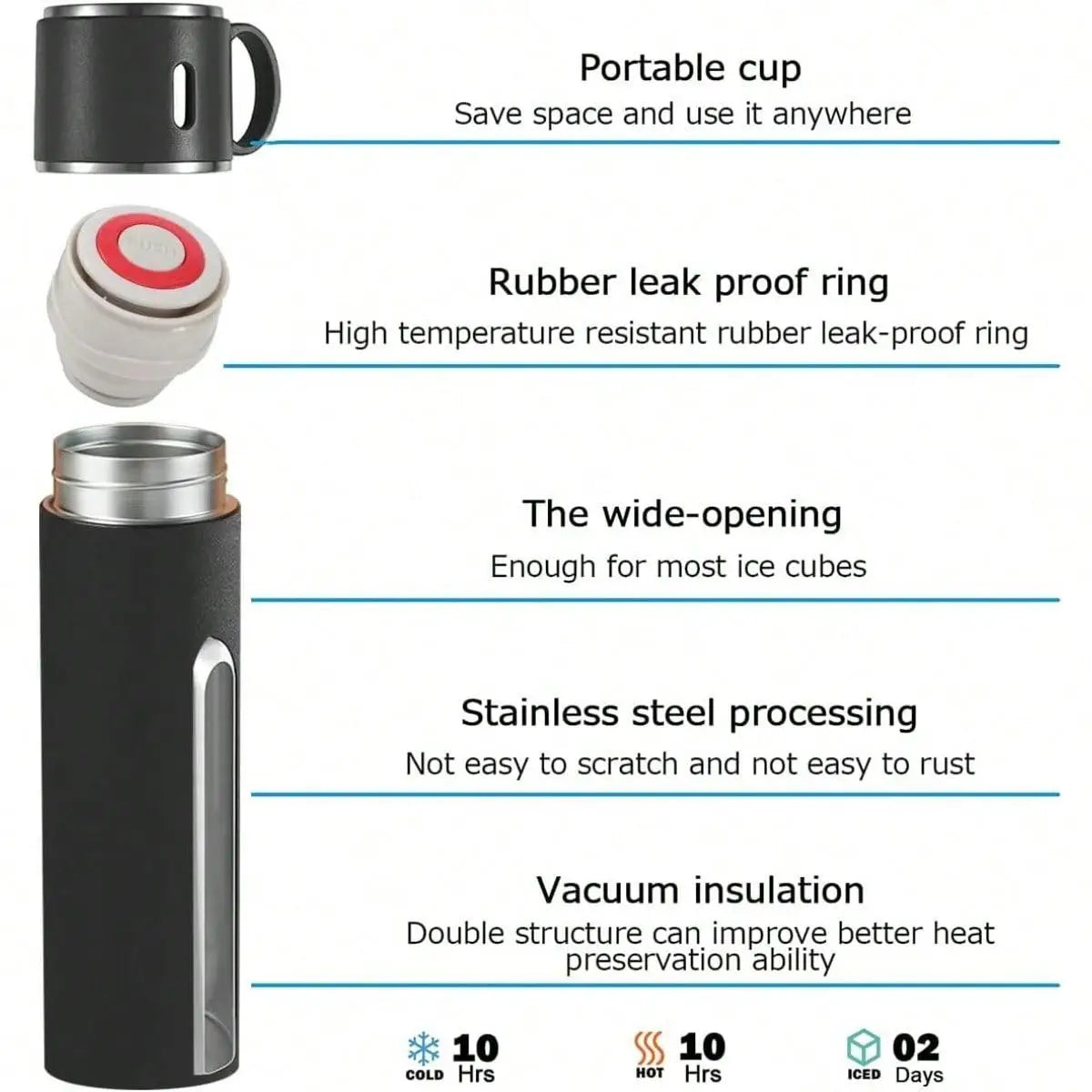 Vacuum-Insulated Stainless Steel Coffee Thermo Flask - 500ml Portable Silicone-Lidded Water Bottle with Cup, for Hot/Cold Drinks, Blue, 3-Cup Design, Bottled Beverage Travel Companion