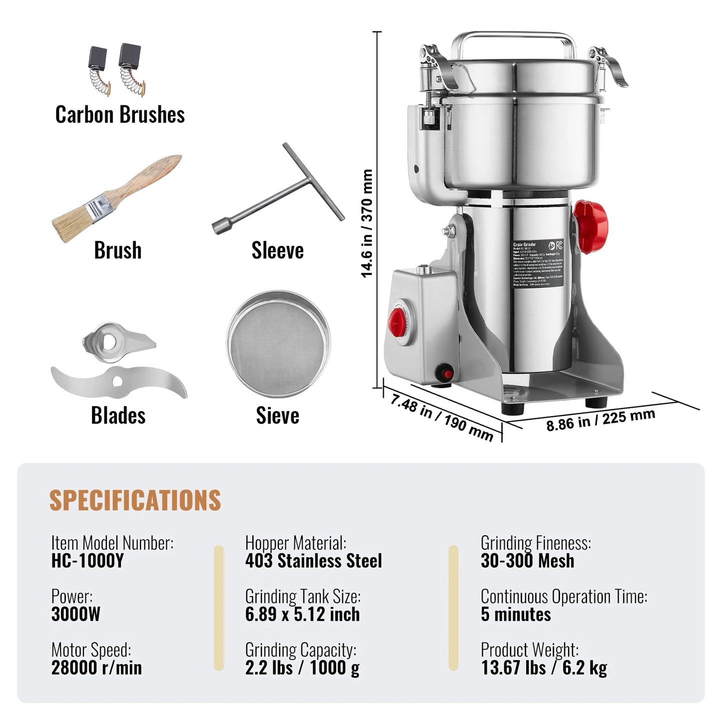 SucceBuy Electric Grain Mill Grinder 150-2500g For Dry Herbs Spices