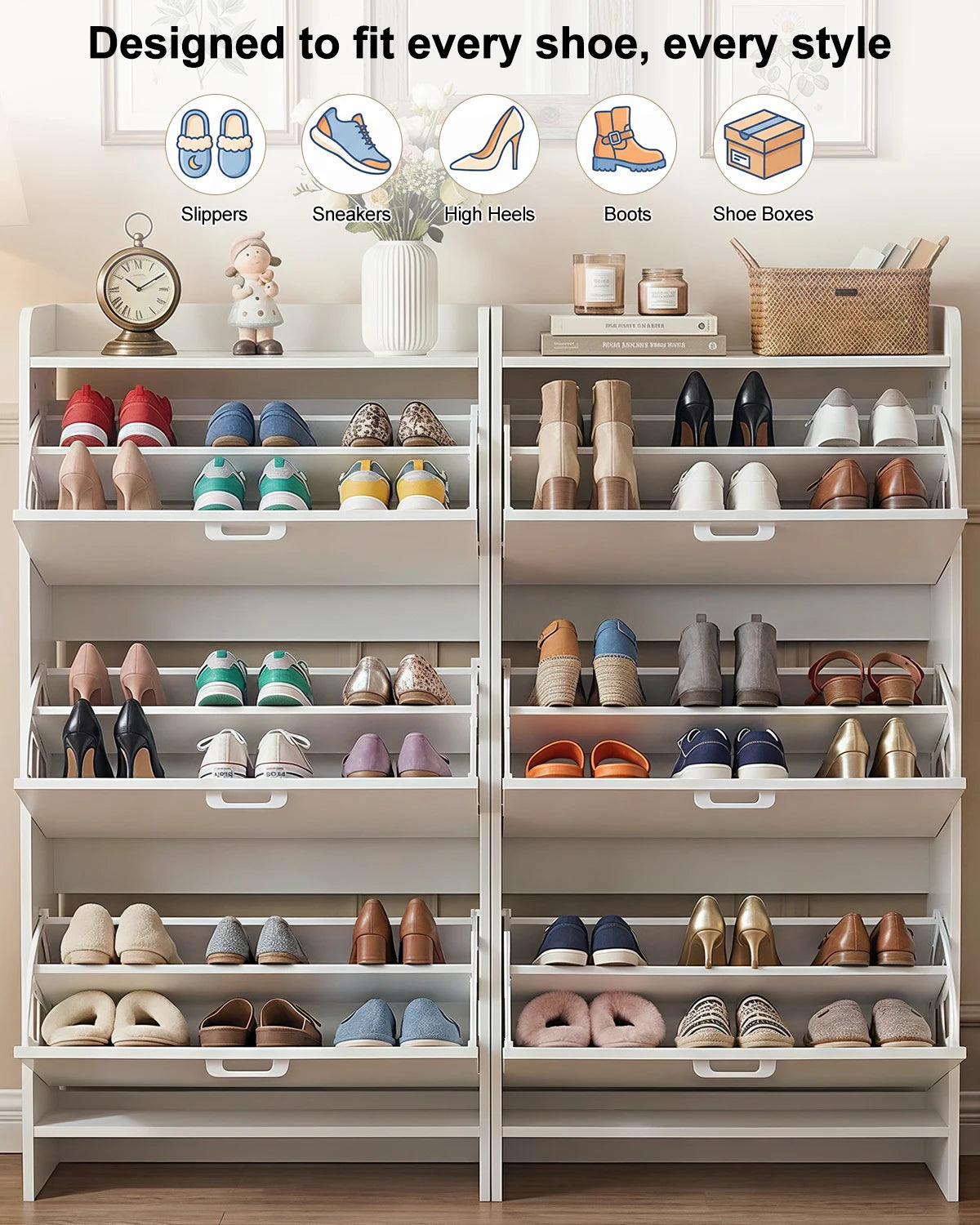 Shoe Cabinet With 3 Flip Drawers Wooden Entryway Organizer