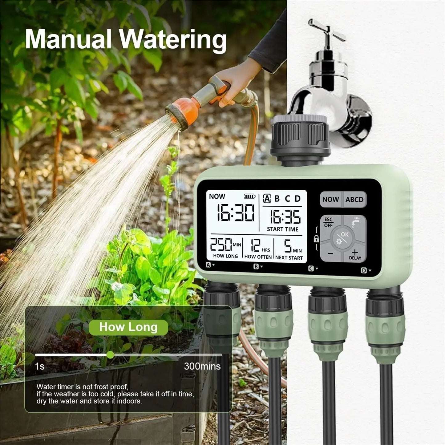 4 Zone Programmable Garden Watering Timer With Rain Delay
