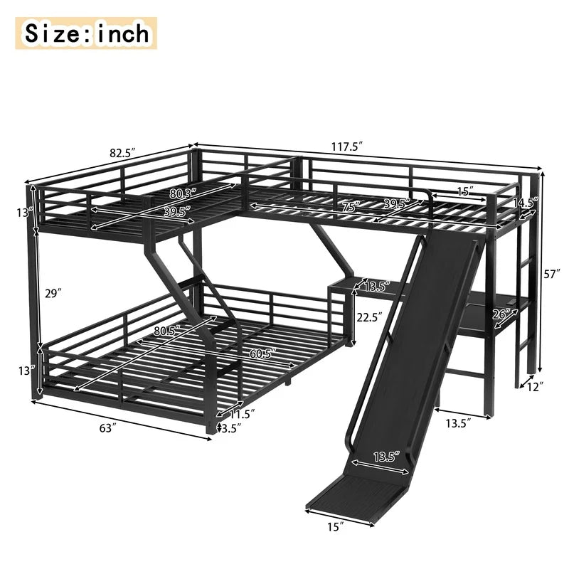 L-Shaped Bunk Bed With Loft, USB Charging, Metal Construction
