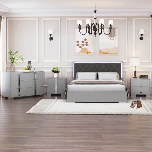 4-Piece Bedroom Set With LED Bed Mirrored Nightstands Dresser