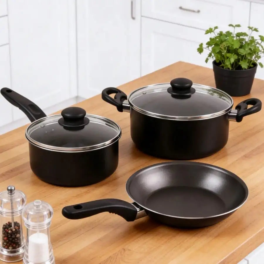 7 Piece Nonstick Cookware Set Modern Minimalist Black Matte Aluminum Pots And Pans Set Tempered Glass Lids Heat Resistant Handles Lightweight Cooking Set For Kitchen Gas Stove RV Home Essentials Housewarming Gift