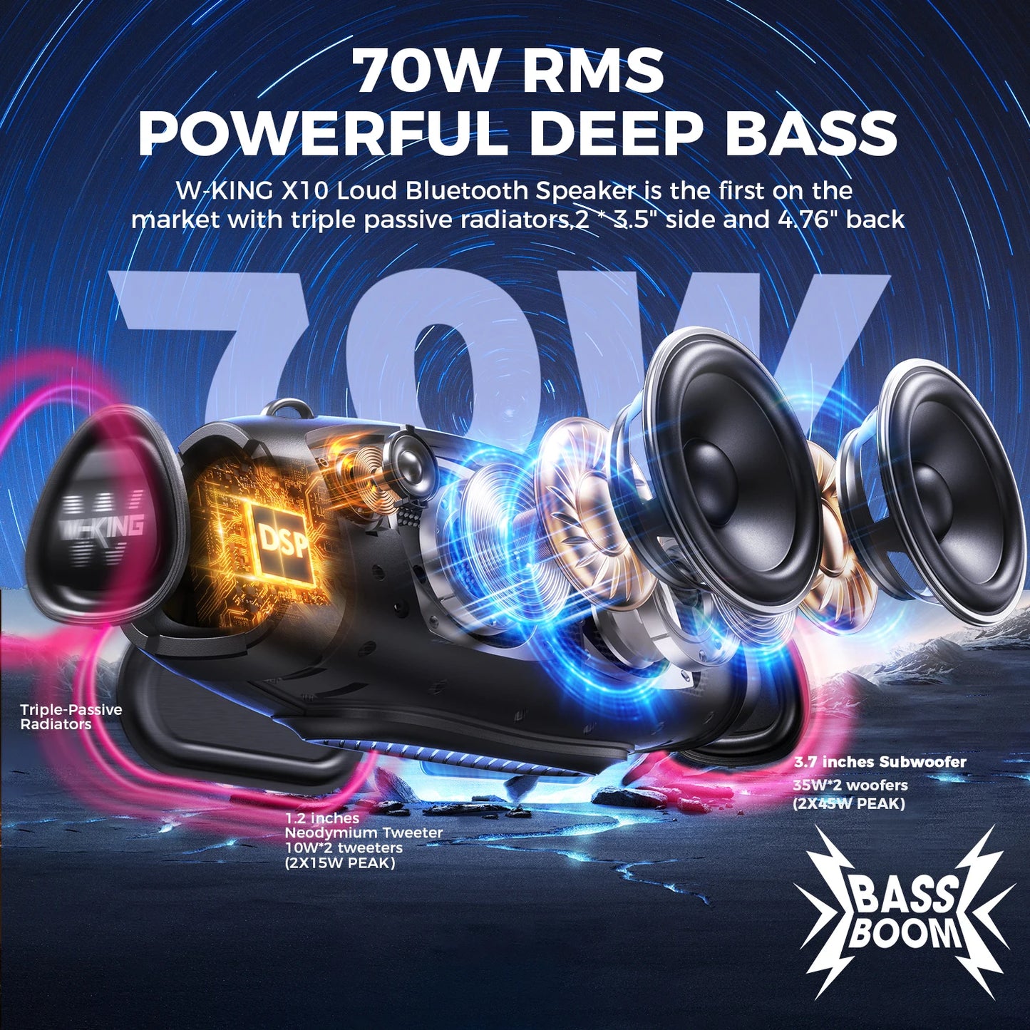 W-King Portable Bluetooth Speaker With Wireless Microphone Waterproof Outdoor