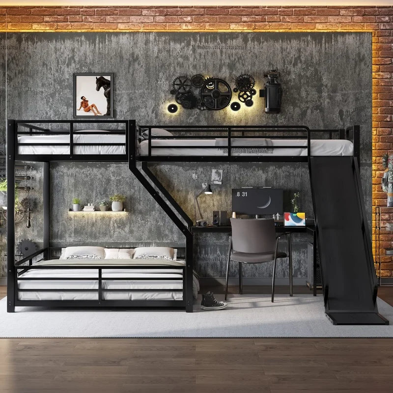 L-Shaped Bunk Bed With Loft, USB Charging, Metal Construction