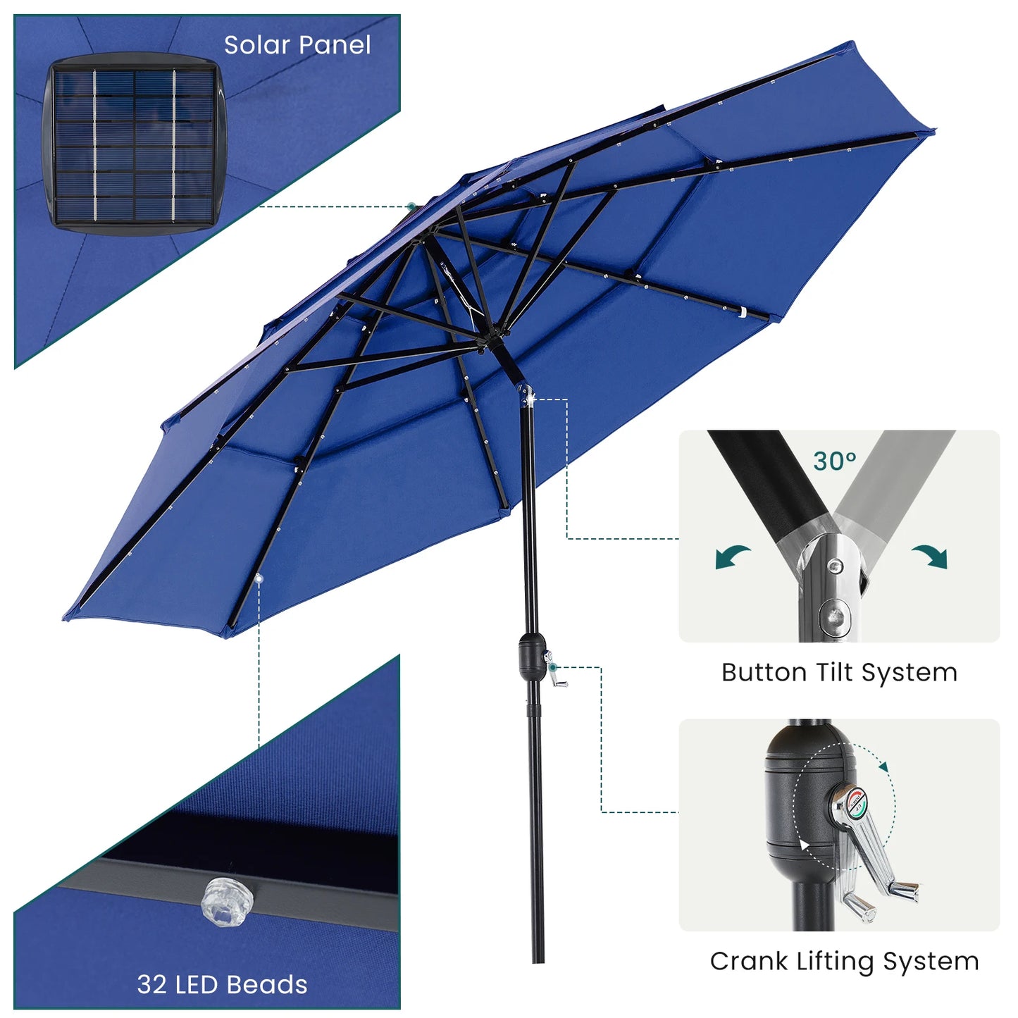 JHK Solar LED Patio Umbrella With Tilt Table Lights