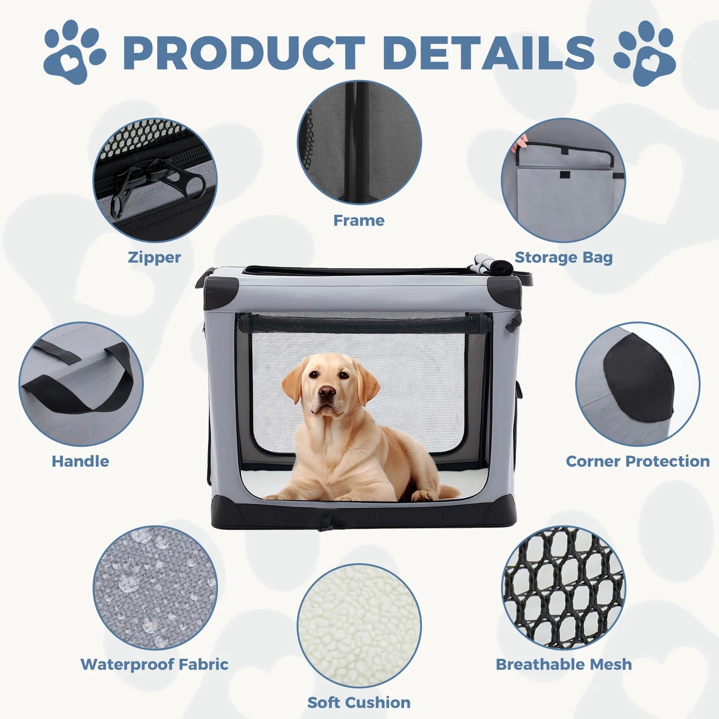 JHK Foldable Soft Dog Crate Portable Kennel With Three Doors