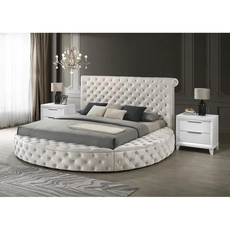 Queen Size Ivory Velvet Button-Tufted Storage Bed Set with 2 Nightstands - Wooden Bedroom Furniture 3pc Set