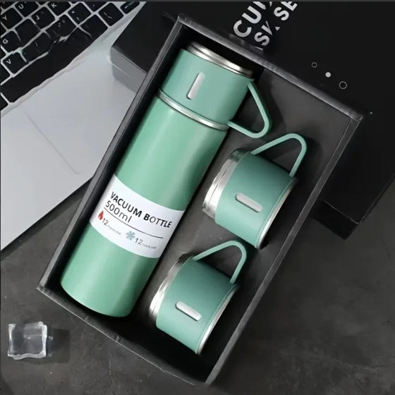 Vacuum-Insulated Stainless Steel Coffee Thermo Flask - 500ml Portable Silicone-Lidded Water Bottle with Cup, for Hot/Cold Drinks, Blue, 3-Cup Design, Bottled Beverage Travel Companion