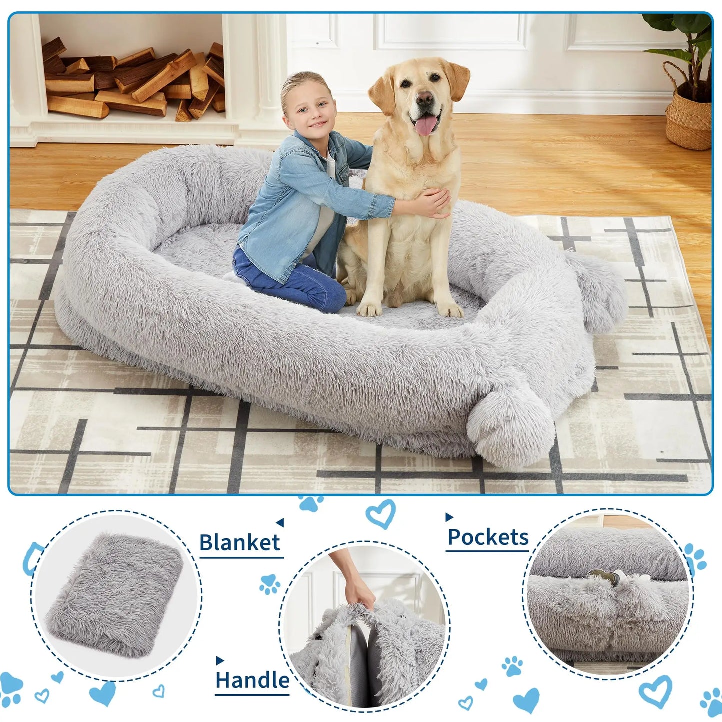 HiMISS Dog Bed For Adults With Removable Cover And Blanket