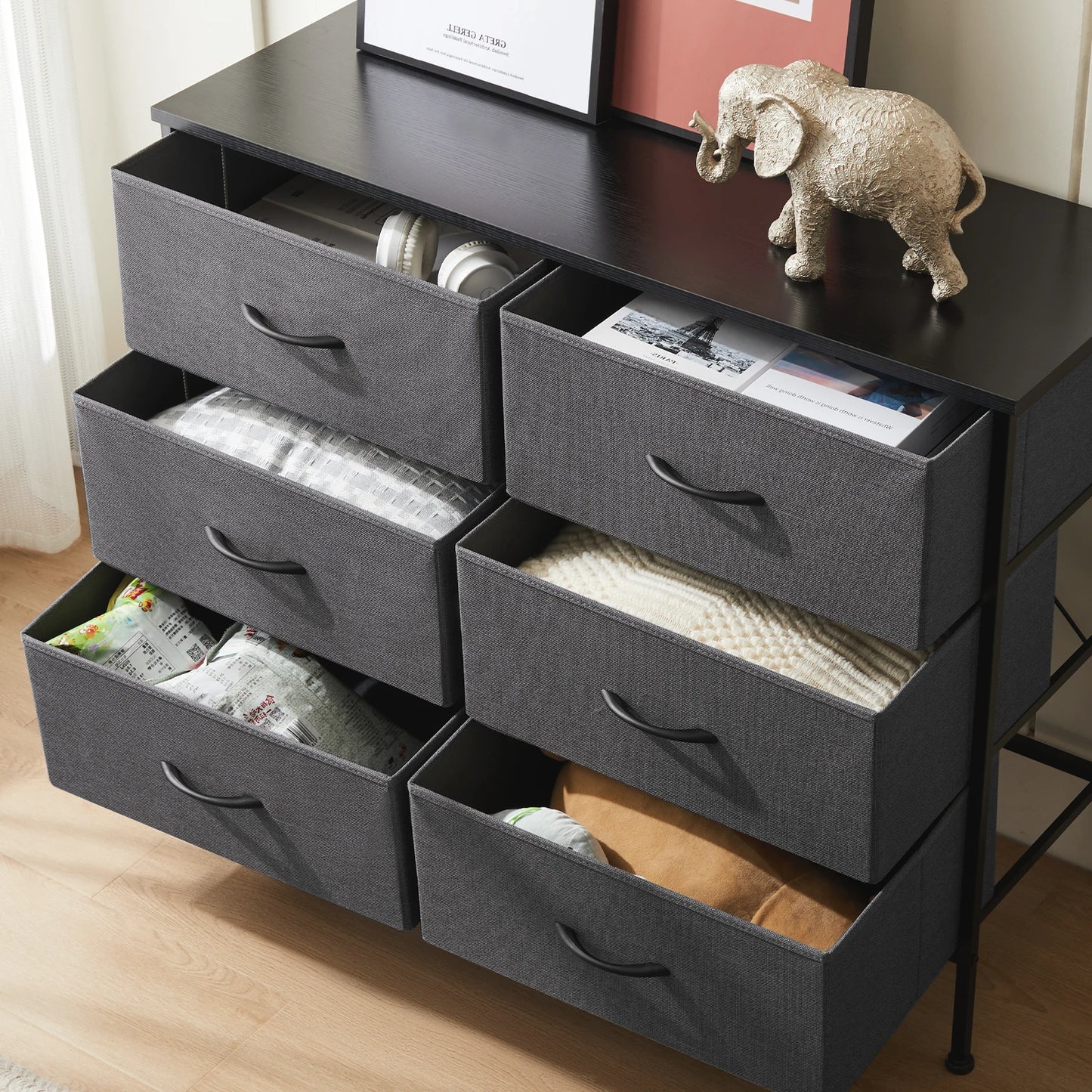 JHK Six Drawer Nightstand With Fabric Storage Chest Bedroom Furniture