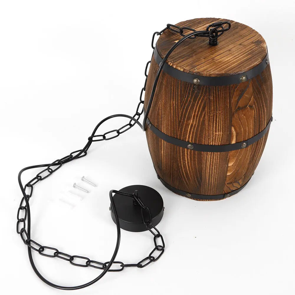 Vintage Wine Barrel Pendant Light Rustic Wood Ceiling Lamp