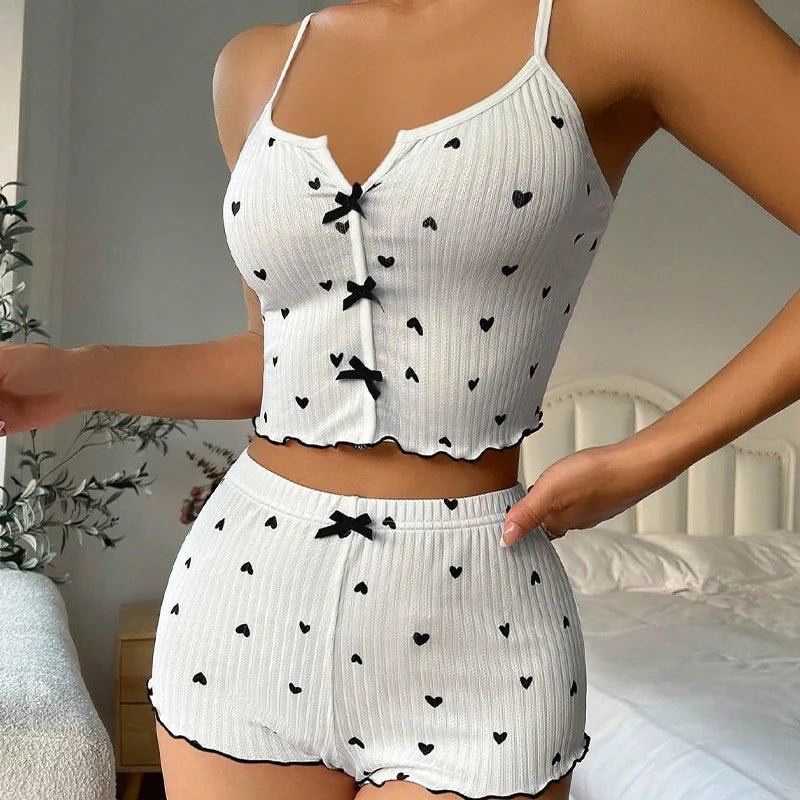Women Summer Knit Ribbed Crop Top And Shorts Pajama Set