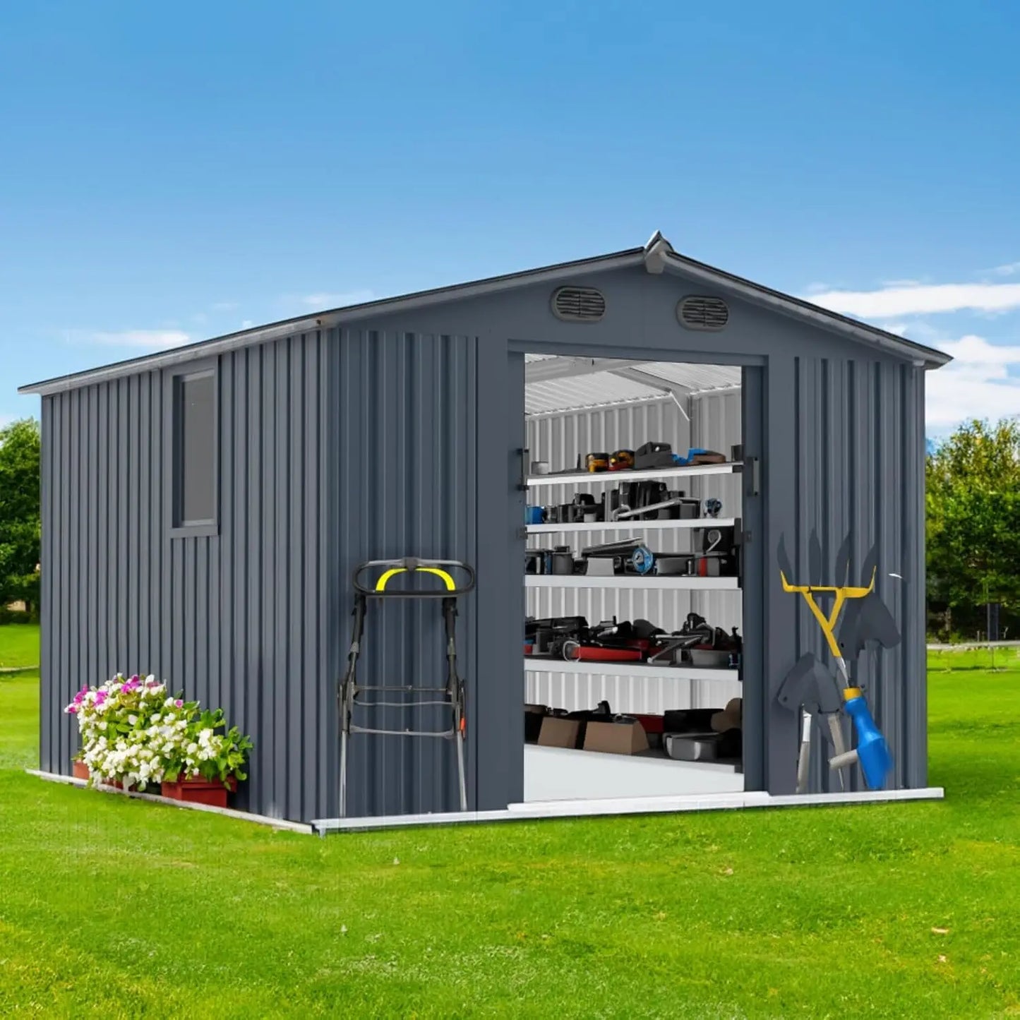 Outdoor Metal Storage Shed With Window And Lockable Doors